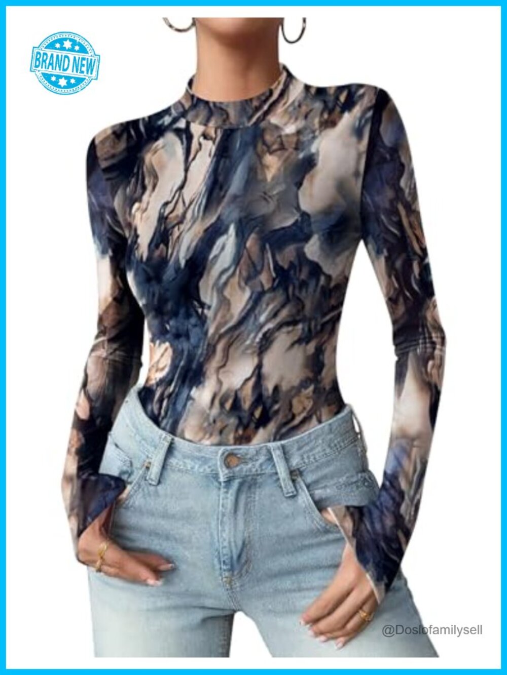 Women's Floral Mesh Long Sleeve Mock Neck Blouse
